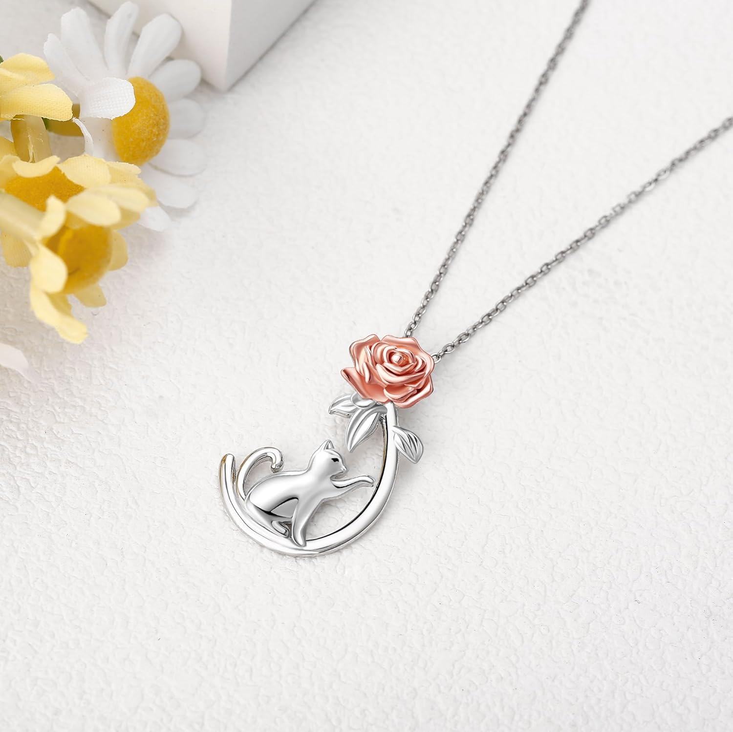 925 Sterling Silver Rose and Cat Pendant Necklace - Gifts for Women-0-2