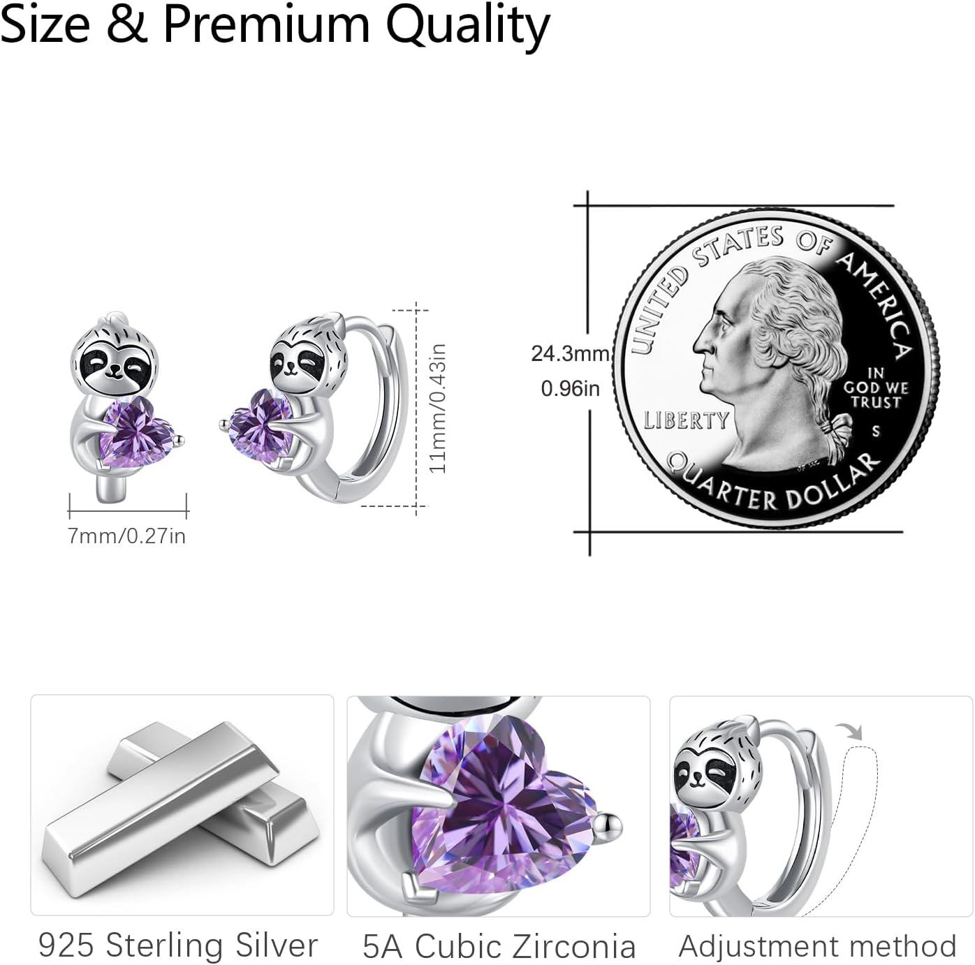 Sterling Silver Hypoallergenic Sloth Hoop Earrings for Women Girls Teens-0-3