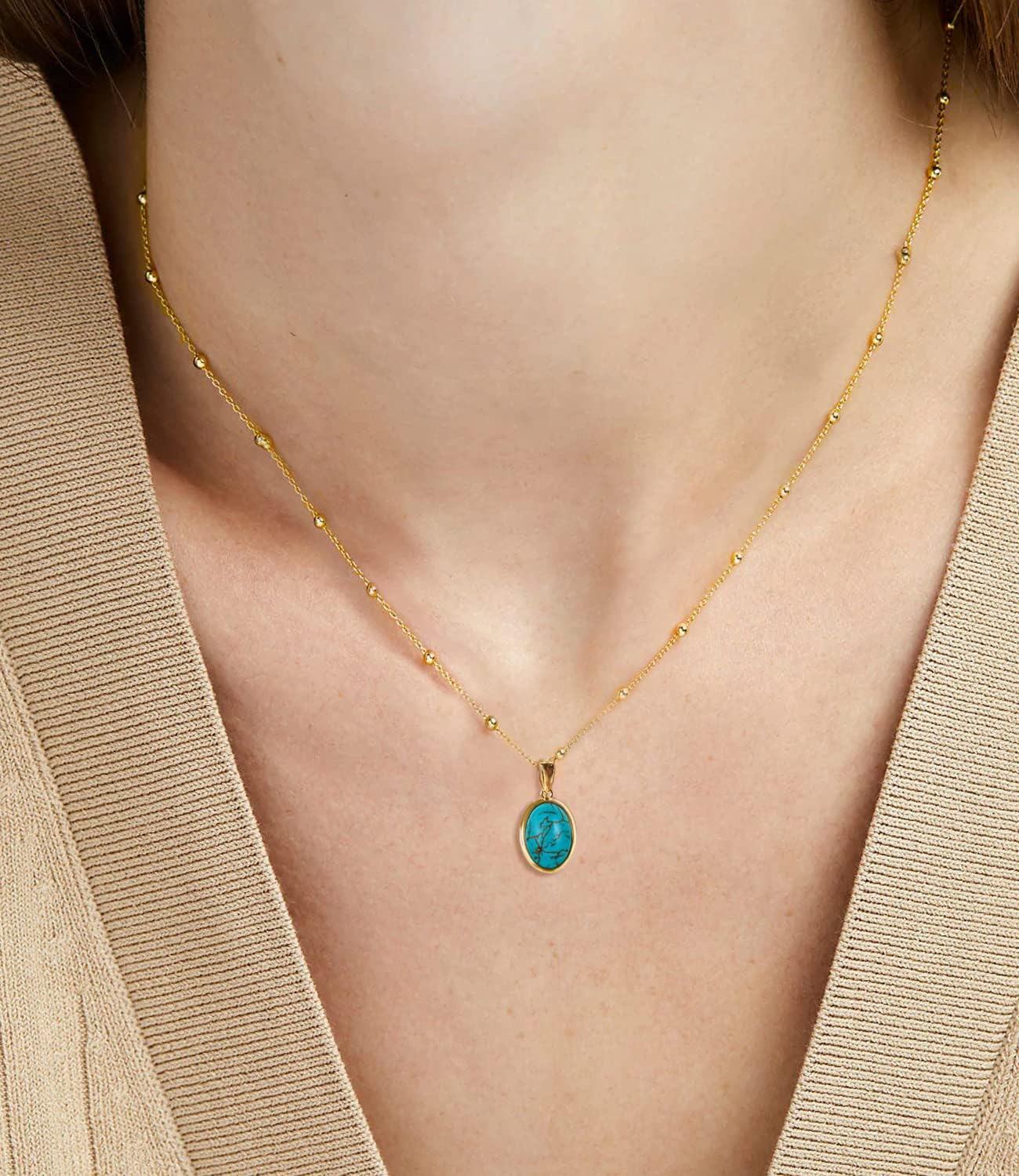 Sterling Silver White Yellow Gold Plated Genuine Turquoise Pendant Necklace for Women-0-1