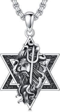 wholesale 925 Sterling Silver Star of David Pendant with Poseidon Head and Trident Charm Necklace for Men Women  48cm Chain Length-Poseidon