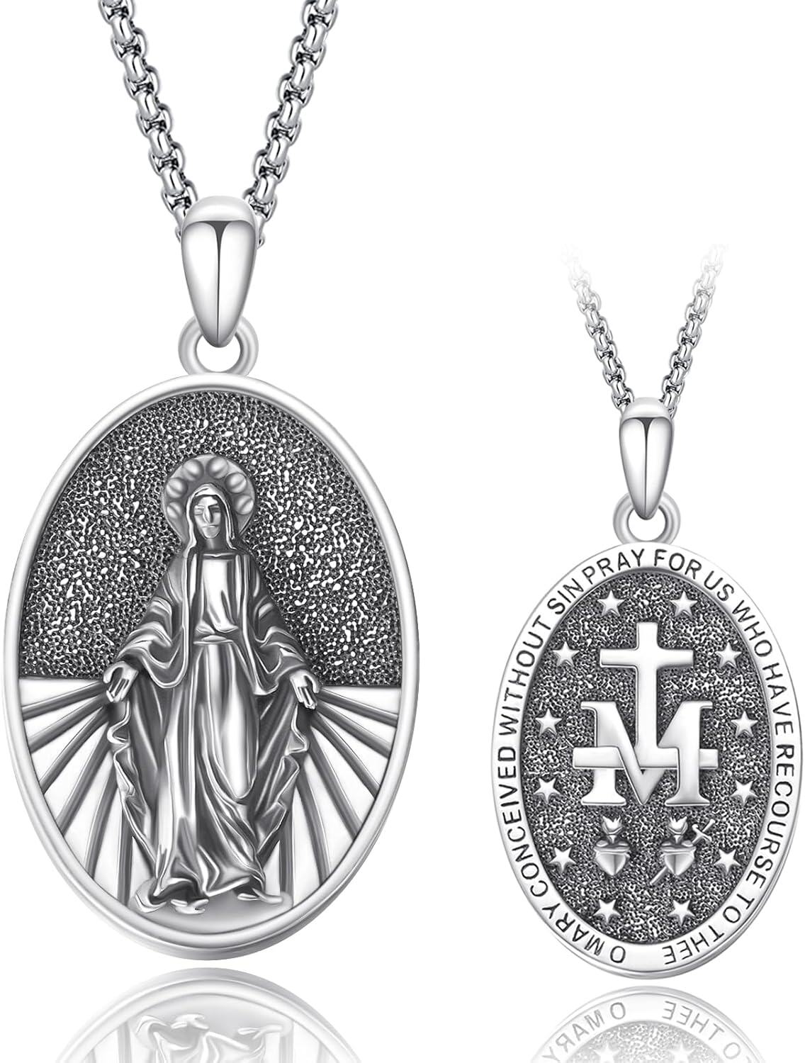 Sterling Silver Catholic Medal Necklace St Michael Christopher Benedict Virgin Mary Amulet Pendant for Men Women-Virgin Mary