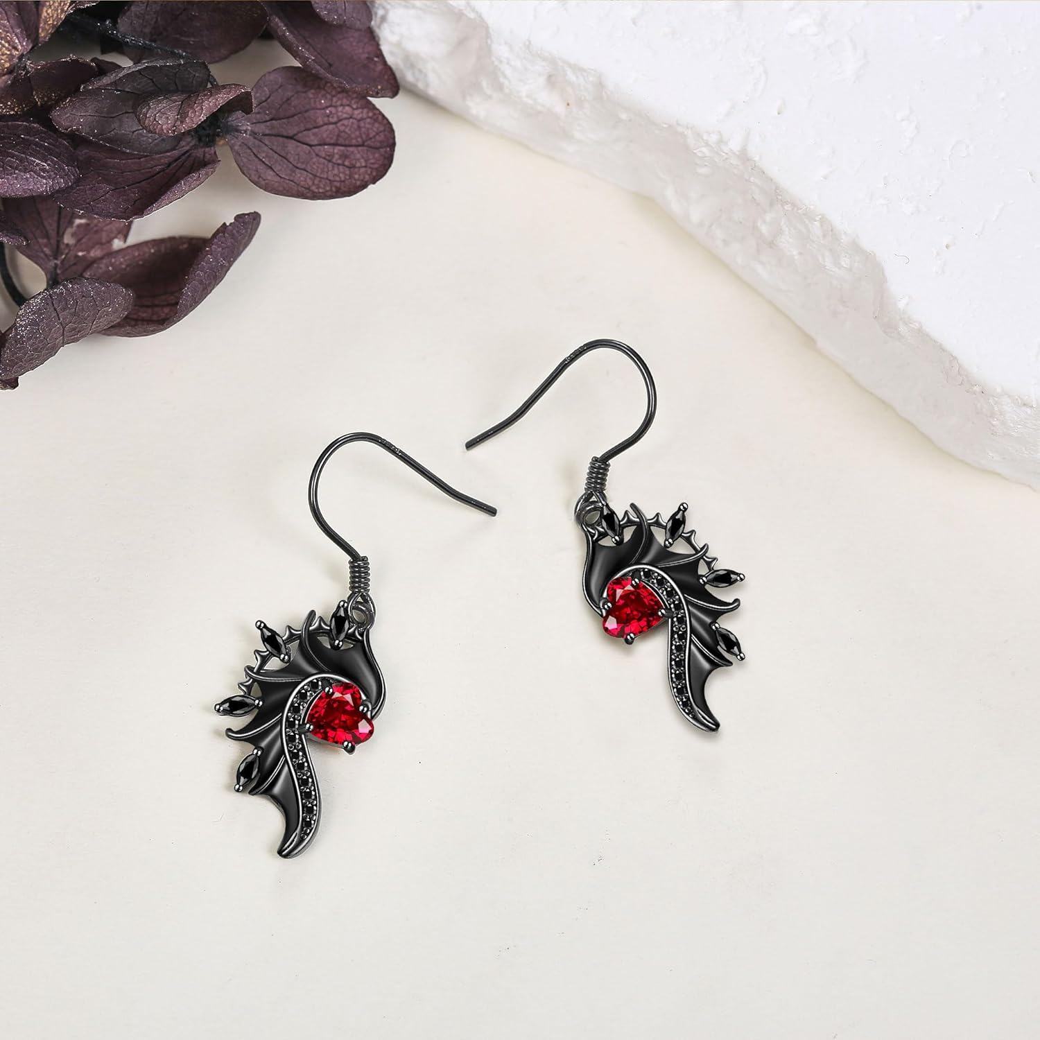 Sterling Silver Gothic Angel Devil Wings Heart Dangle Earrings for Women-0-3