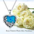 wholesale 925 Sterling Silver Blue Opal Heart & Rose Flower Photo Locket Pendant Necklace for Women-0-4