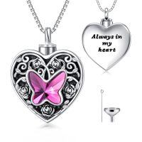 wholesale 925 Sterling Silver Heart Urn Necklace Wholesale Pink Butterfly Cremation Jewelry-4-Butterfly