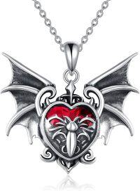 wholesale 925 Sterling Silver Bat Heart Pendant Necklace with Red Stone and Devil Horns for Women Men  48cm Chain Length-Bat-1