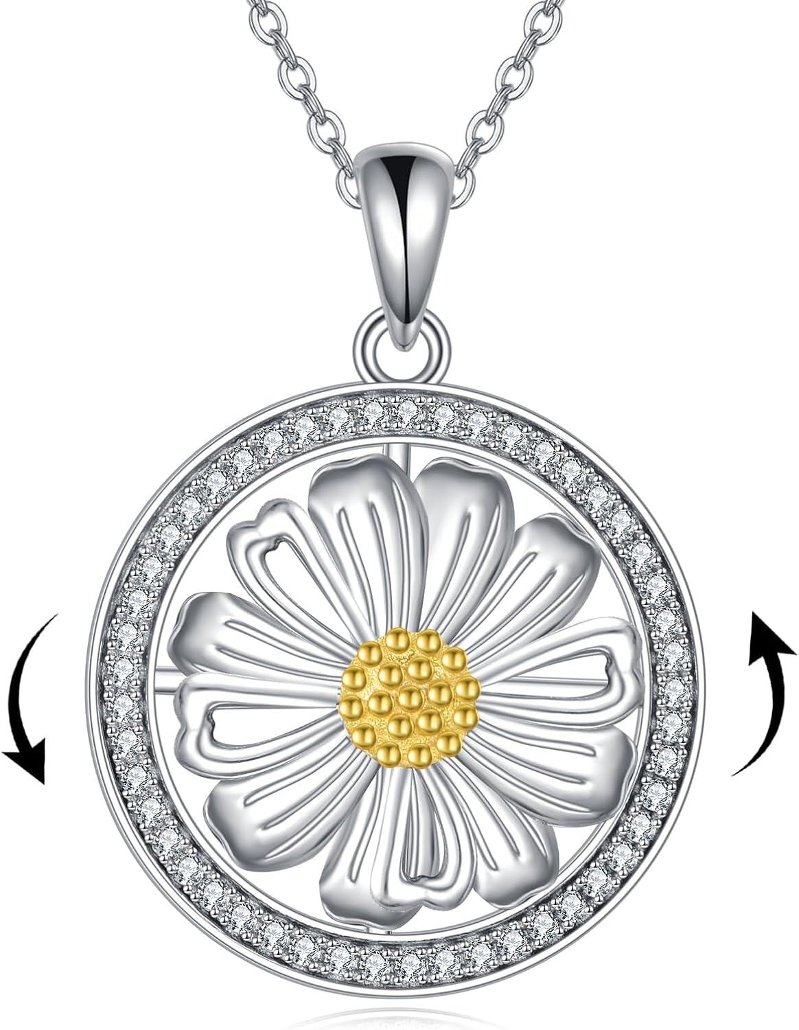 Sterling Silver Round Spinning Daisy Sunflower Pendant Necklace for Women-0-0