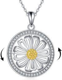 wholesale 925 Sterling Silver Round Spinning Daisy Flower Pendant Necklace with Cubic Zirconia Stones for Women  48cm Chain Length-Daisy