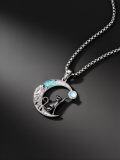 wholesale 925 Sterling Silver Cat on Turquoise Crescent Moon with Blue Stone Pendant Necklace-0-4
