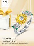 wholesale  S925 Sterling Silver Gold Plated Sunflower Ring with 1ct Simulated Diamond & Birthstone, Adjustable Love Gift for Women Wife Girlfriend Mom-0-1