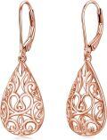 wholesale Rose Gold Gold Plated Moonstone Abalone Turquoise Blue Green Crystal Teardrop Filigree Leverback Earrings-0-9