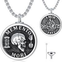 wholesale 925 Sterling Silver Gothic Skull Memento Mori Pendant with Amor Fati Design and Funnel Charm - 24 Chain Stoic  for Men & Women-Memento Mori-1-Urn