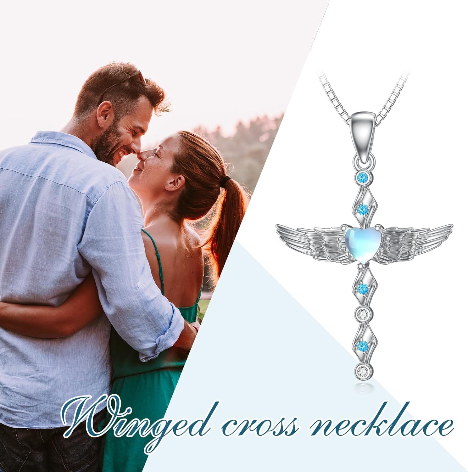 Sterling Silver Angel Wings Cross Necklace with Moonstone Turquoise for Women-0-3
