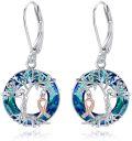 wholesale 925 Sterling Silver Tree of Life Dangle Earrings with Blue Crystal and Rose Gold Ribbon for Women Cat Gifts-0-0
