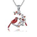 wholesale 925 Sterling Silver Red Cardinal Birds On Branch Pendant Necklace With Cubic Zirconia-0-0