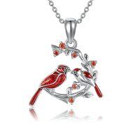 wholesale 925 Sterling Silver Red Cardinal Birds On Branch Pendant Necklace With Cubic Zirconia-Cardinal