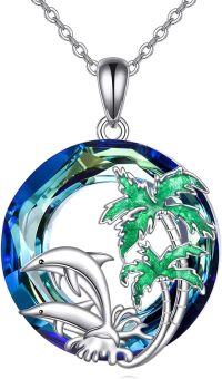 wholesale 925 Sterling Silver Palm Tree Dolphins Pendant Necklace with Blue Crystal and Green Enamel-Dolphin