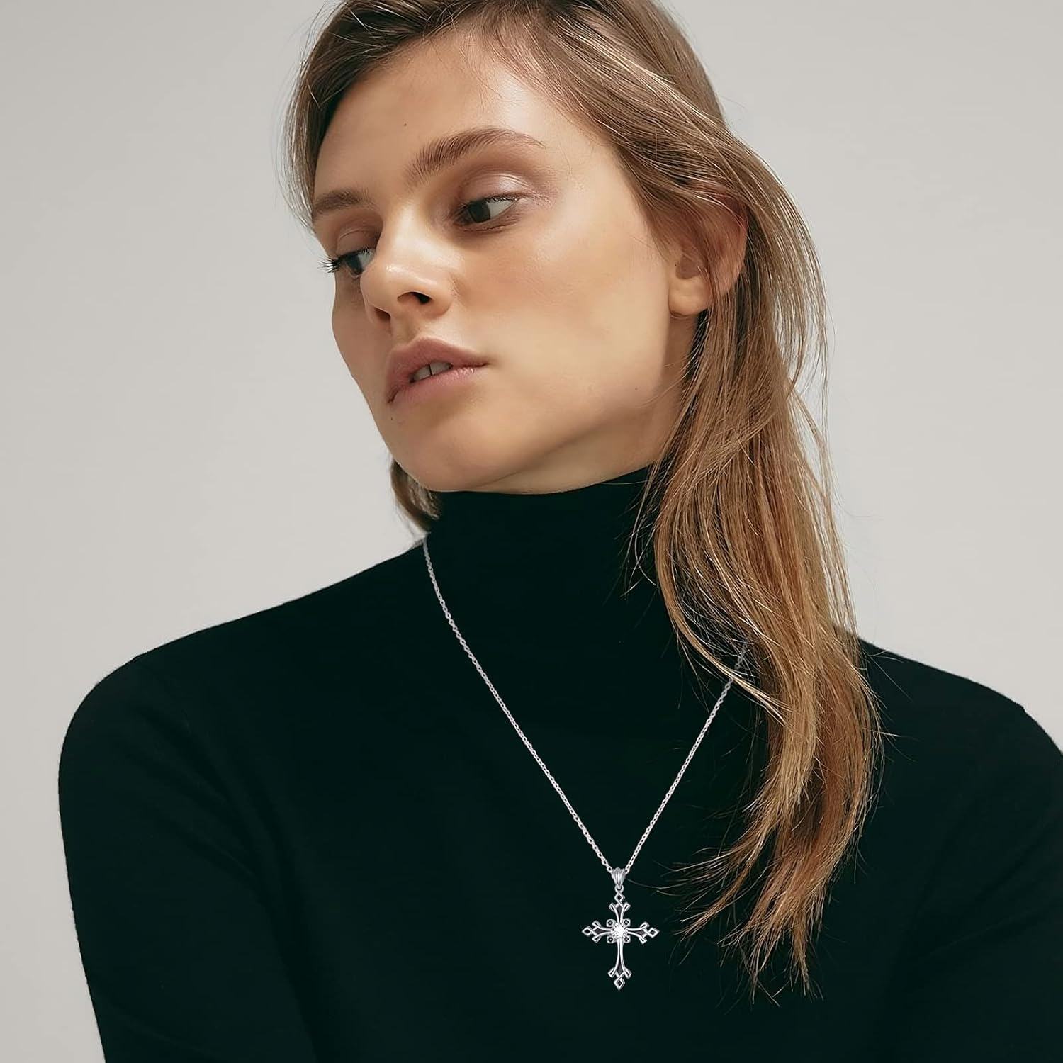 Sterling Silver Stone Christian Cross Pendant Necklace for Women Mom Faith Gifts-0-5