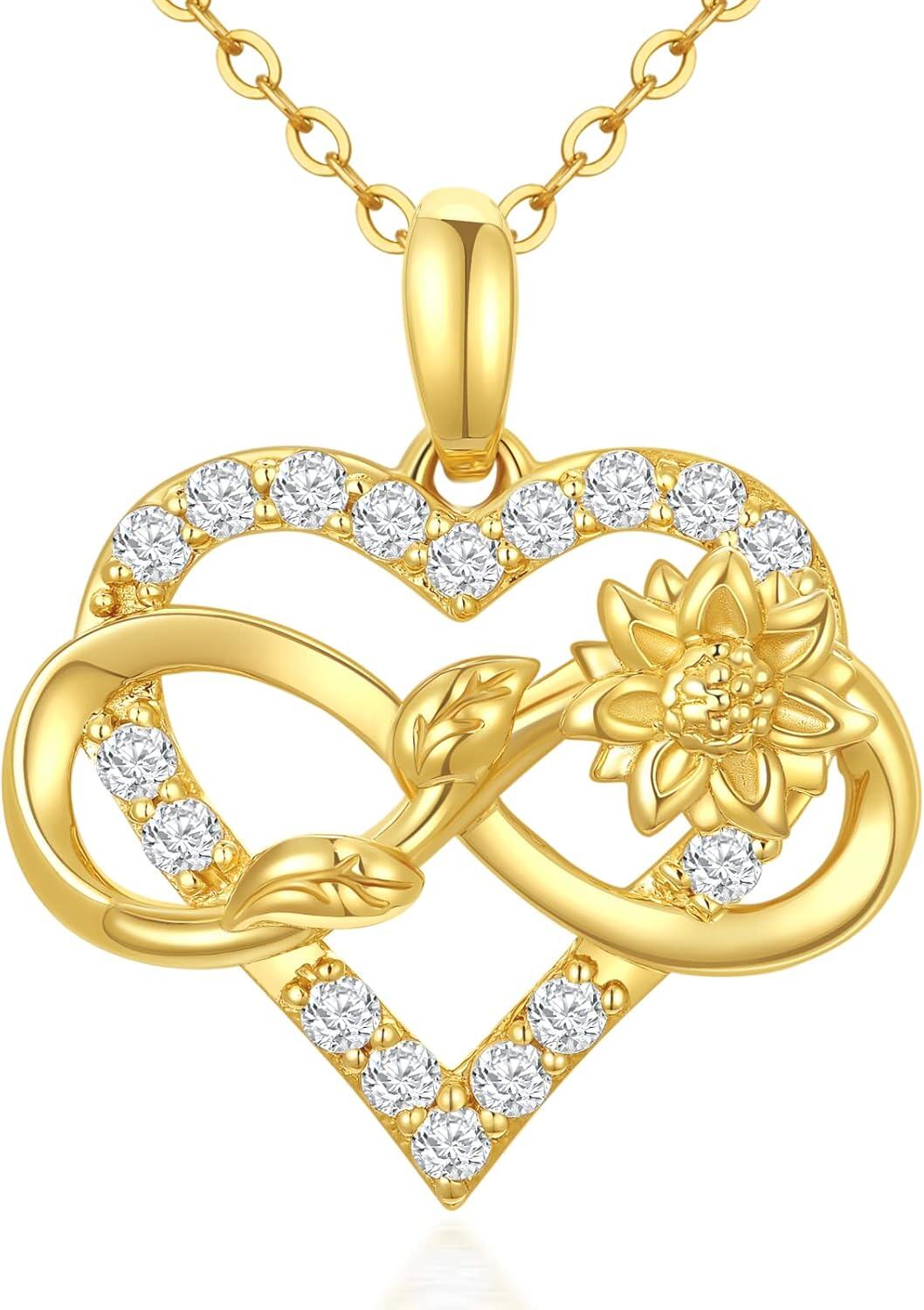 14K Gold Sunflower Heart Necklace for Women Real Gold Flower Pendant Fine Jewelry Gift for Wife Mom Girlfriend 16 18 -0-0