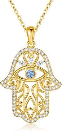 wholesale Gold 925 Sterling Silver Evil Eye Hamsa Hand Pendant Necklace with CZ Stones and Heart Design 24 Chain-Evil Eye-Gold