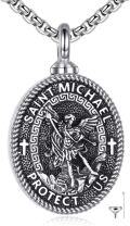wholesale 925 Sterling Silver St Michael's Archangel Protectus Medal Necklace for Men Women Protection s 3D Engraved Guardian Angel Charm Pendants with Crosses and Greek Key Design Chain (Silver)-0-0
