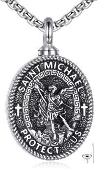 wholesale 925 Sterling Silver St Michael's Archangel Protectus Medal Necklace for Men Women Protection s 3D Engraved Guardian Angel Charm Pendants with Crosses and Greek Key Design Chain (Silver)-St Michael Urn