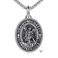 wholesale 925 Sterling Silver St Michael's Archangel Protectus Medal Necklace for Men Women Protection s 3D Engraved Guardian Angel Charm Pendants with Crosses and Greek Key Design Chain (Silver)-St Michael Urn