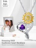 wholesale S925 Sterling Silver Sunflower Necklace with 1Ct Amethyst & Simulated Diamond, 18 Chain, Love Heart Pendant, Birthstone Gift for Women-0-3