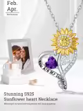 wholesale S925 Sterling Silver Sunflower Necklace Wholesale with 1Ct Amethyst & Simulated Diamond, 18 Chain, Love Heart Pendant, Birthstone Gift for Women-0-3