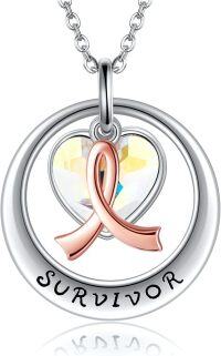 wholesale 925 Sterling Silver Heart-Shaped Pendant with Pink Ribbon and Yellow Crystal Survivor Necklace for Breast Cancer Awareness Gifts-colourful