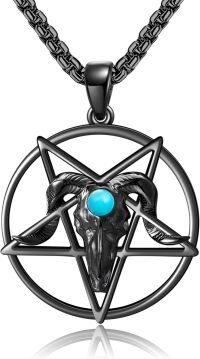 wholesale 925 Sterling Silver Pentagram with Ram's Head and Turquoise Stone Pendant Necklace-Satanic