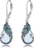 wholesale 925 Sterling Silver Teardrop Peacock Feather Dangle Earrings with Blue Sapphire and Green Emerald Accents-0-10