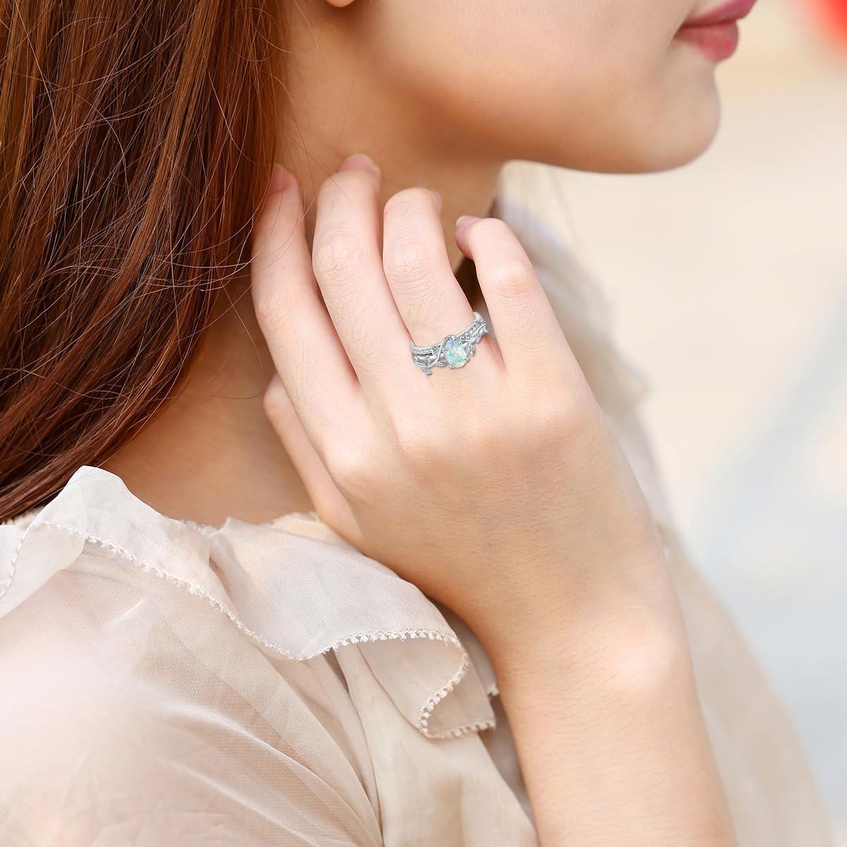 Sterling Silver Opal 1ct Leaf Oval Ring w CZ for Women Valentine s Day Gift-0-3