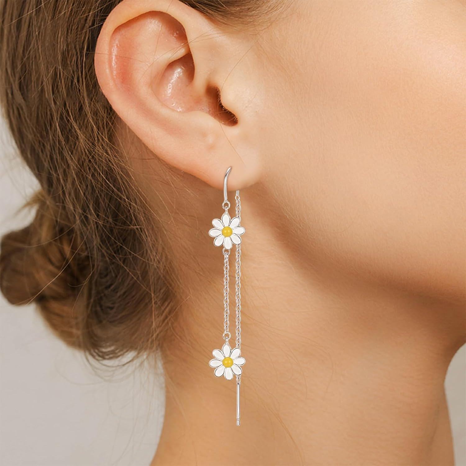 925 Sterling Silver Daisy Flower Drop Earrings for Women Girls  925 Sterling Silver Chain Long Hanging Earings Minimalist Fashion Accessories Lightweight Hypoallergenic Nickel Free Safe Everyday Wear Trendy Bohemian Style Statement Piece Unique Birthday Christmas Valentine's Day Present Idea Under $30 USD-0-3