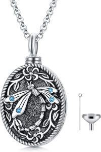 wholesale 925 Sterling Silver Oval Hummingbird & Blue Crystal Memorial Keepsake Urn Locket with Funnel and Fill Kit - Cremation Jewelry for Ashes Holder Pendant Necklace-Dragonfly