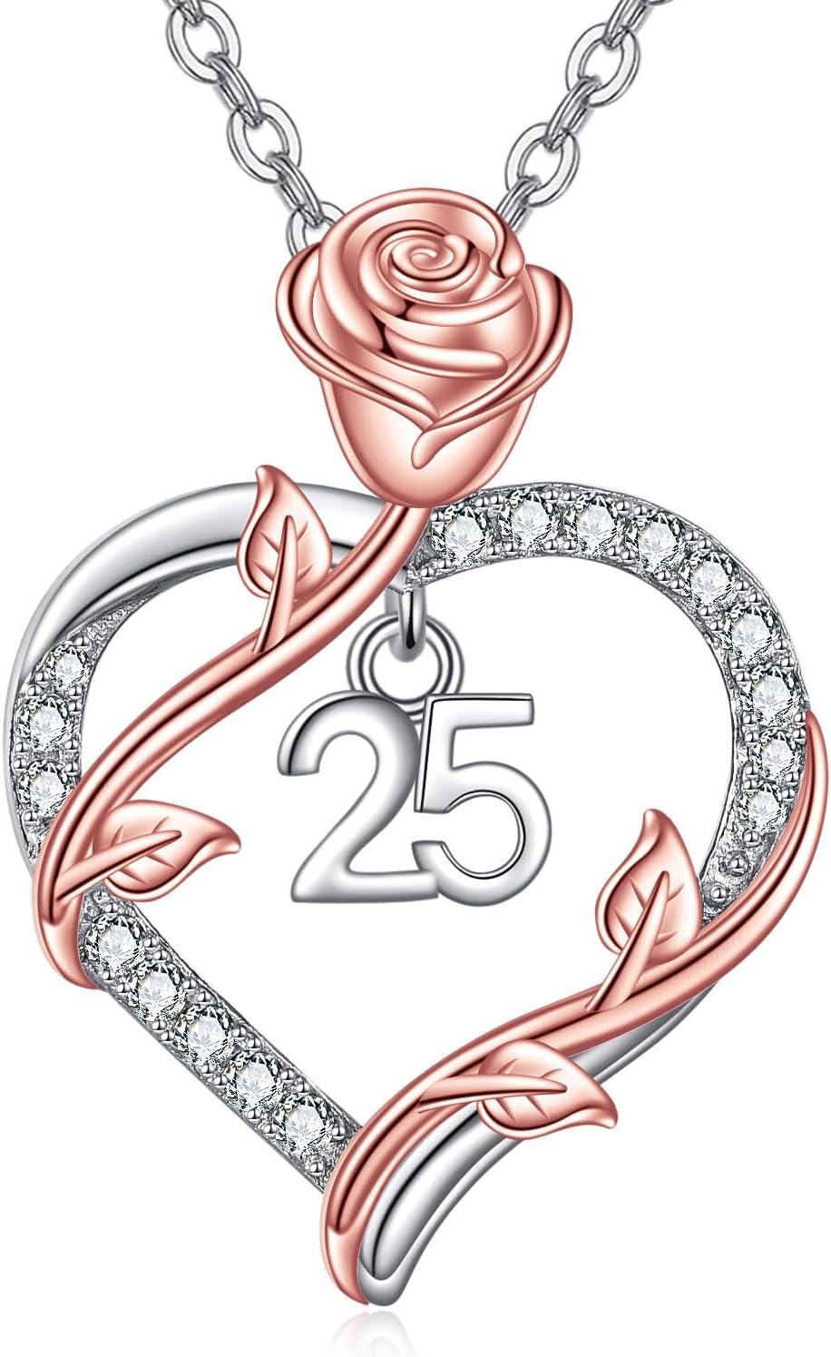 925 Sterling Silver 25th Anniversary Rose Flower Love Heart Pendant Necklace for Women-0-0
