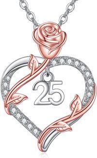 wholesale 925 Sterling Silver 25th Anniversary Rose Flower Love Heart Pendant Necklace for Women-25th