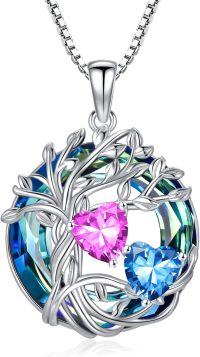wholesale 18K White Gold Filled Sterling Silver Family Tree Pendant with 2 Heart Birthstones Blue Austrian Crystal Necklace for Women-10-12-Oct-Dec Birthstone