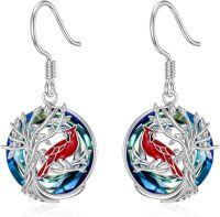 wholesale Sterling Silver Blue Crystal Tree of Life Animal Earrings (Cardinal Owl Fox Snake Sloth Giraffe) Dangle Jewelry Gift for Women-Cardinal