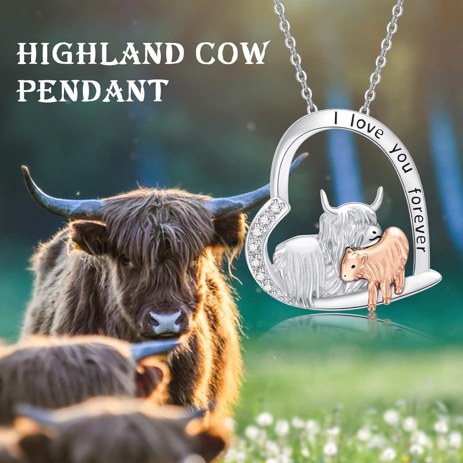 Sterling Silver Stone Highland Cow Necklace Mother Daughter Pendant-0-5
