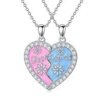 wholesale 925 Sterling Silver Best Friends Pink & Blue Enamel Heart Pendants Necklaces Set for Two Women Gift-Pink Blue