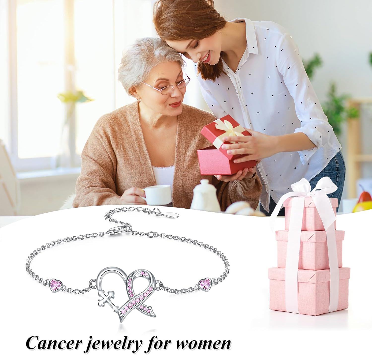 wholesale 925 Sterling Silver Pink Ribbon Heart Cross Charm Bracelet for Women Girls -0-5