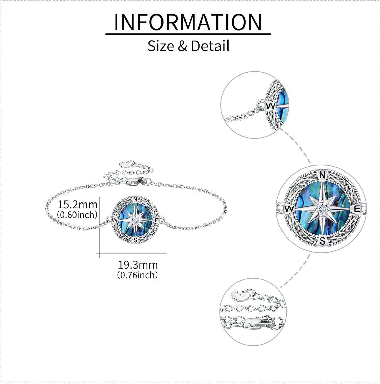 wholesale 925 Sterling Silver Compass Charm Bracelet with Abalone Shell and CZ Stones for Women Girls-0-4