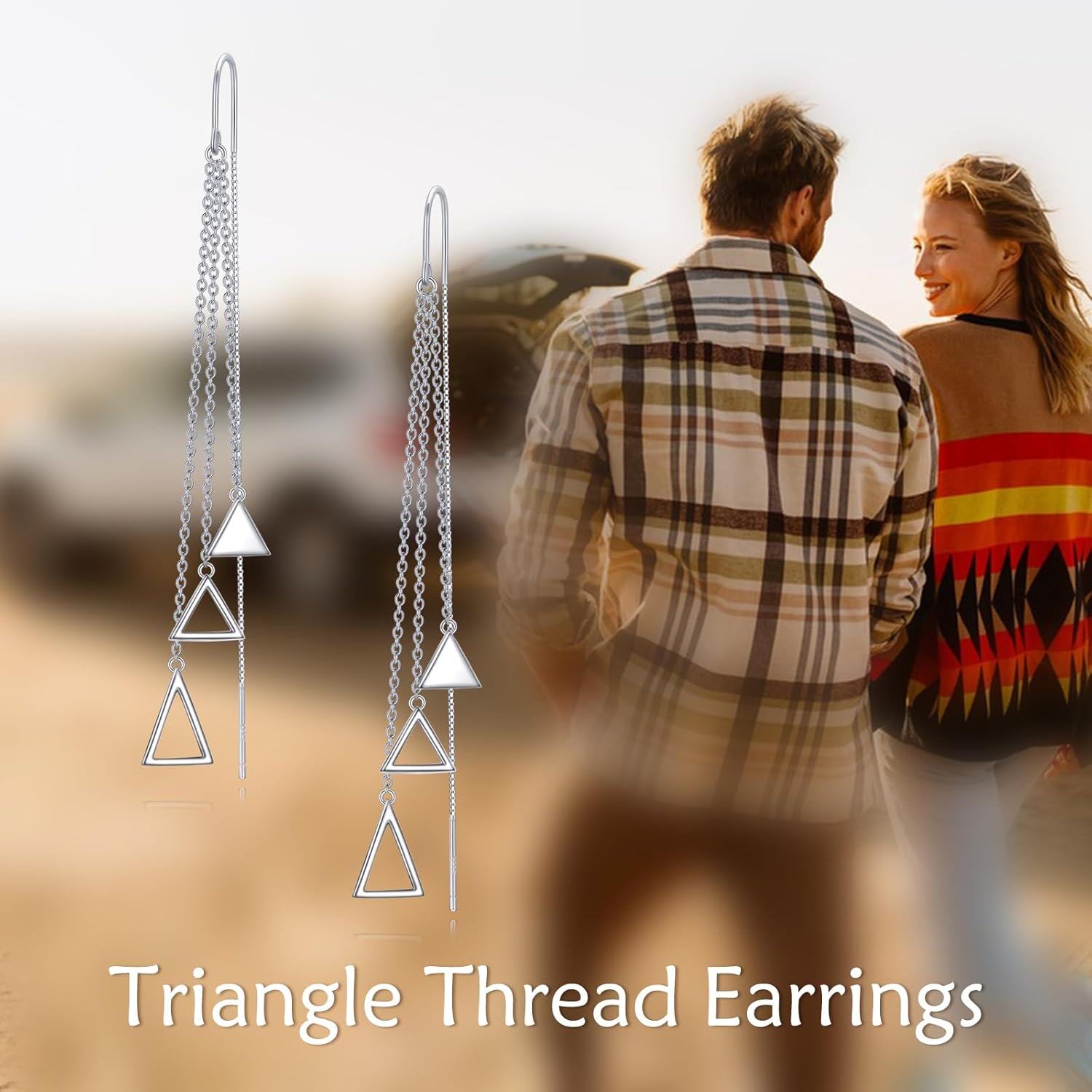 925 Sterling Silver Triangle Threader Dangle Drop Earrings with Chain for Women-0-2