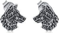 wholesale 925 Sterling Silver Wolf Head Stud Earrings with Black Enamel and Oxidized Finish - Unique Animal Design s for Women & Men-Wolf