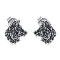 wholesale 925 Sterling Silver Wolf Head Stud Earrings with Black Enamel and Oxidized Finish - Unique Animal Design s for Women & Men-Wolf