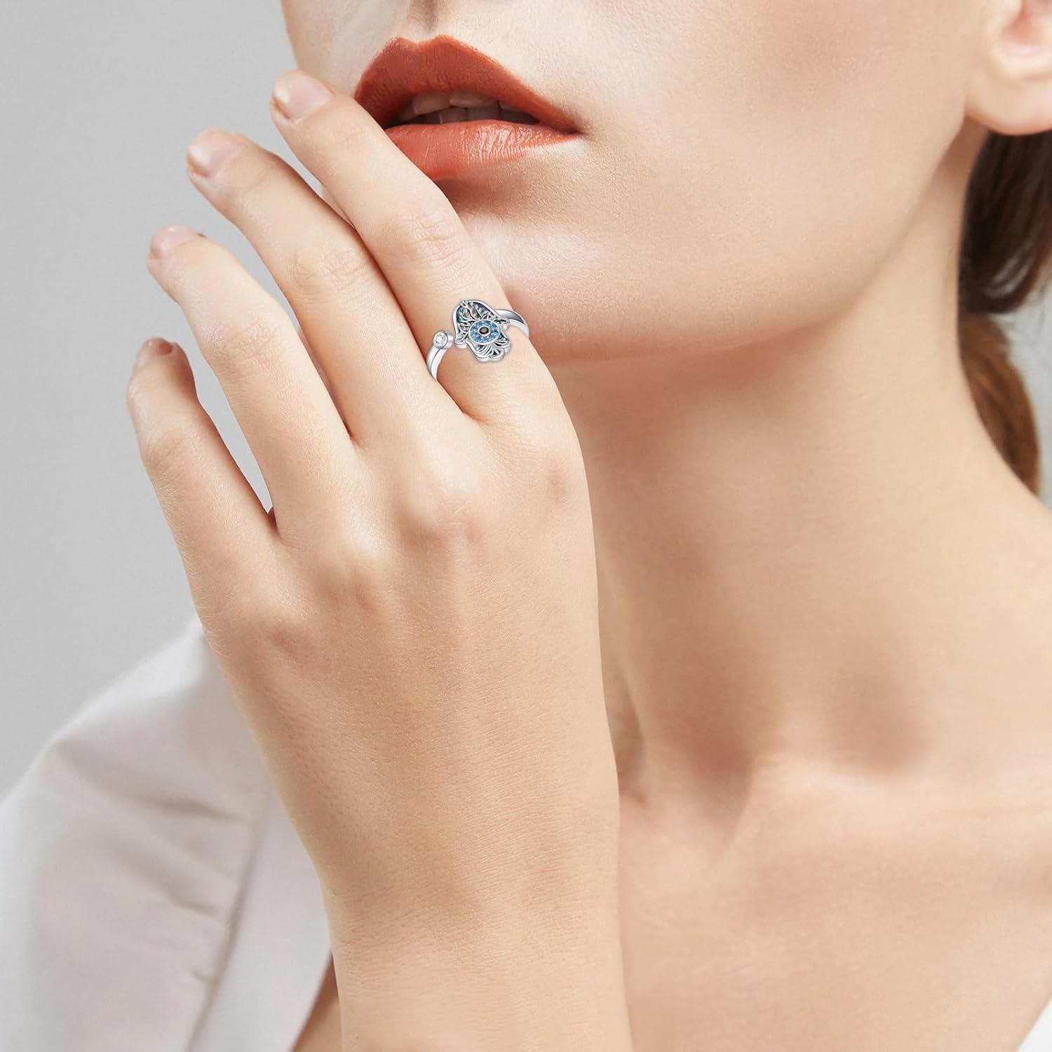 Sterling Silver Hamsa Evil Eye Chakra Adjustable Open Ring-0-4