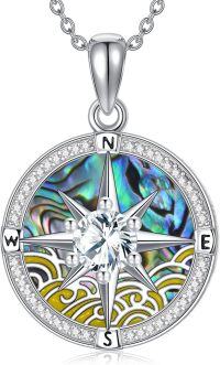 wholesale 925 Sterling Silver Compass Rose Pendant Necklace w/ Abalone Shell & Cubic Zirconia Elements for Women Men s-4-Compass