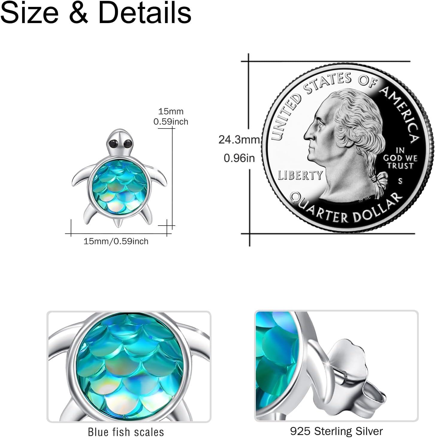 Sterling Silver Mermaid Scale Cute Turtle Stud Earrings Ocean Theme-0-5