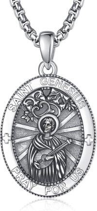 wholesale Sterling Silver Patron Saint Medal Amulet Necklace for Men 2 5mm 22 +2 Chain-A48-Saint Genesius