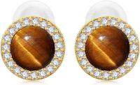 wholesale Gold-Plated 925 Sterling Silver Blue Stone Stud Earrings with Cubic Zirconias and White Pearl Backs-Brown Tiger Eye